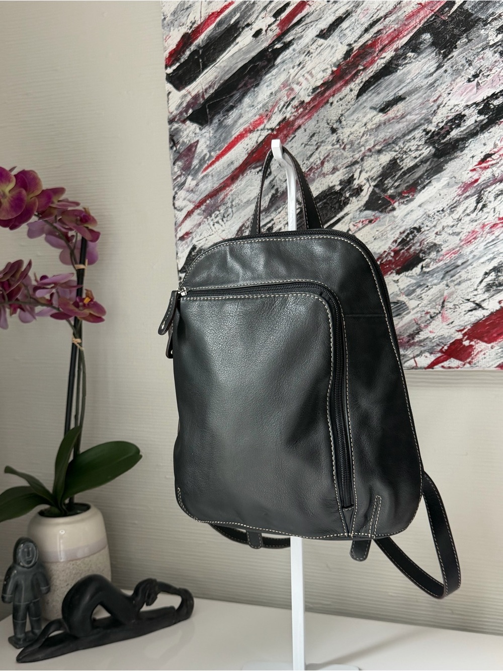 Vintage Tignanello Black Pebbled Leather Backpack Purse Contrast Stitch Y2K